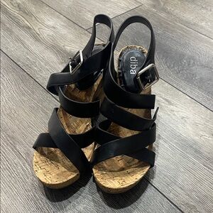 Diba Black Wedge Sandals with Cork Sole